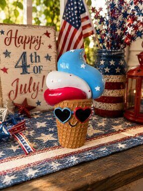 New Red Blue 4th of July Memorial Day Patriotic Ice Cream In A Cone Figurine